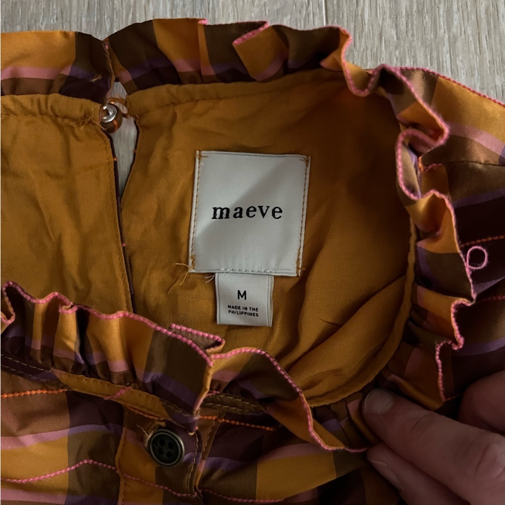 Anthropologie Maeve Puff-Sleeved Smocked Romper Orange Plaid - Size Medium - Picture 7 of 10